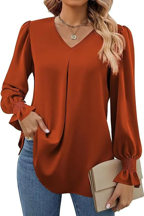 Women's New Solid Color Chiffon Shirt V-neck Pullover Flared Long