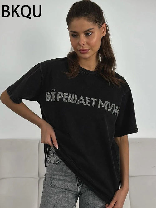 Rhinestone Loose T-Shirt  Irregular Short Sleeve