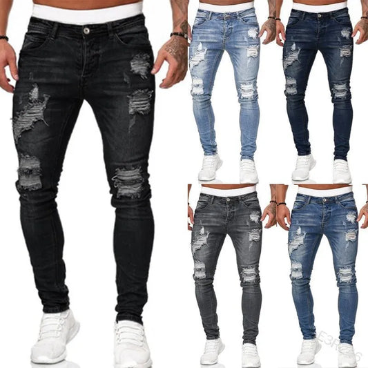 Street Style Ripped Skinny Jeans Men Vintage wash Solid Denim