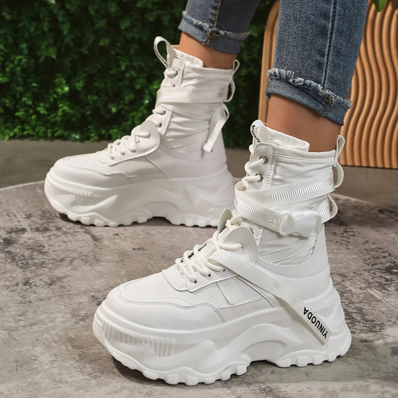 White Chunky Platform Motorcycle Boots Women Buckle Lace Up Thick