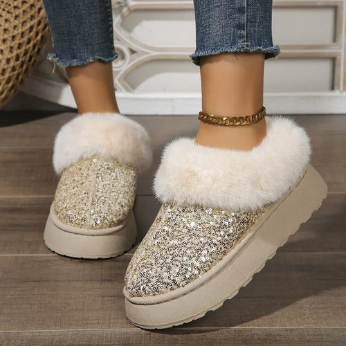 Ankle Snow Boots Women  New Fashion Shiny Fur Short Plush