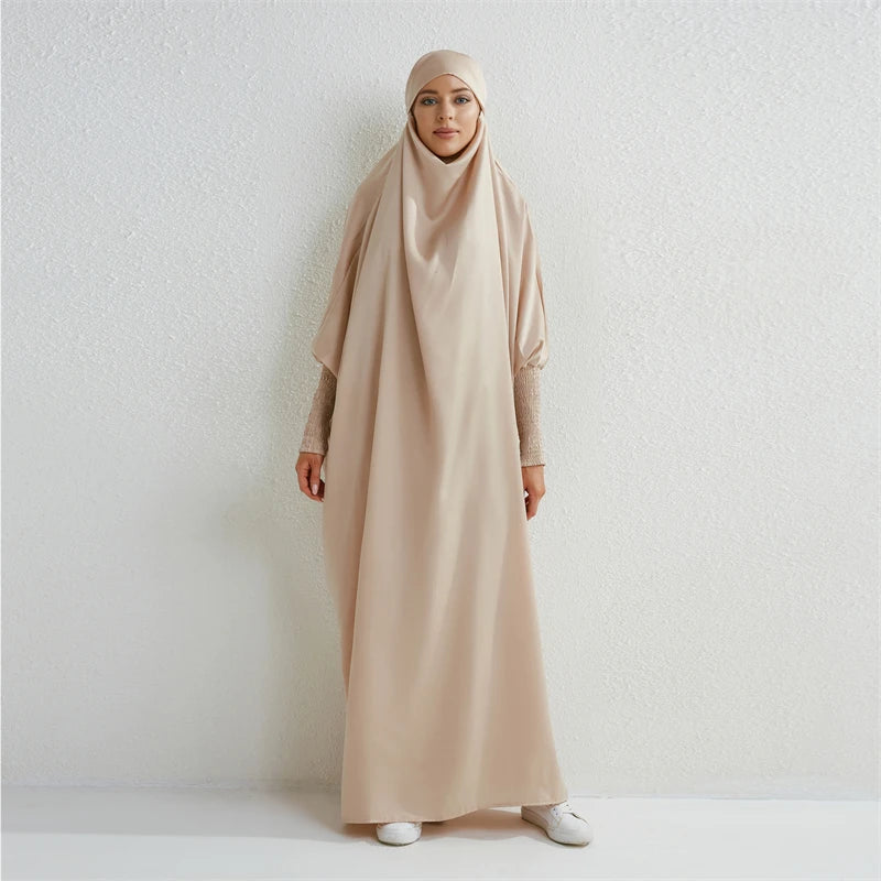 Muslim Abaya Hooded Smocking Sleeve One-piece Prayer Dress Women