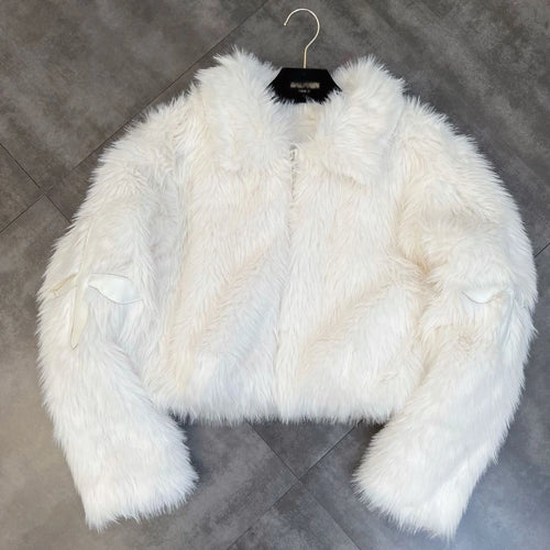 Winter Women Jacket Lapel Long Sleeve Patch PU Cross Fur Cotton