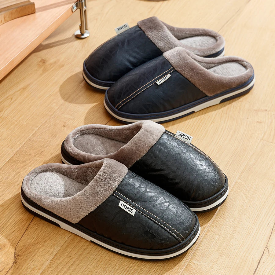 Men's slippers Winter Big Size Indoor Waterproof PU Leather Large