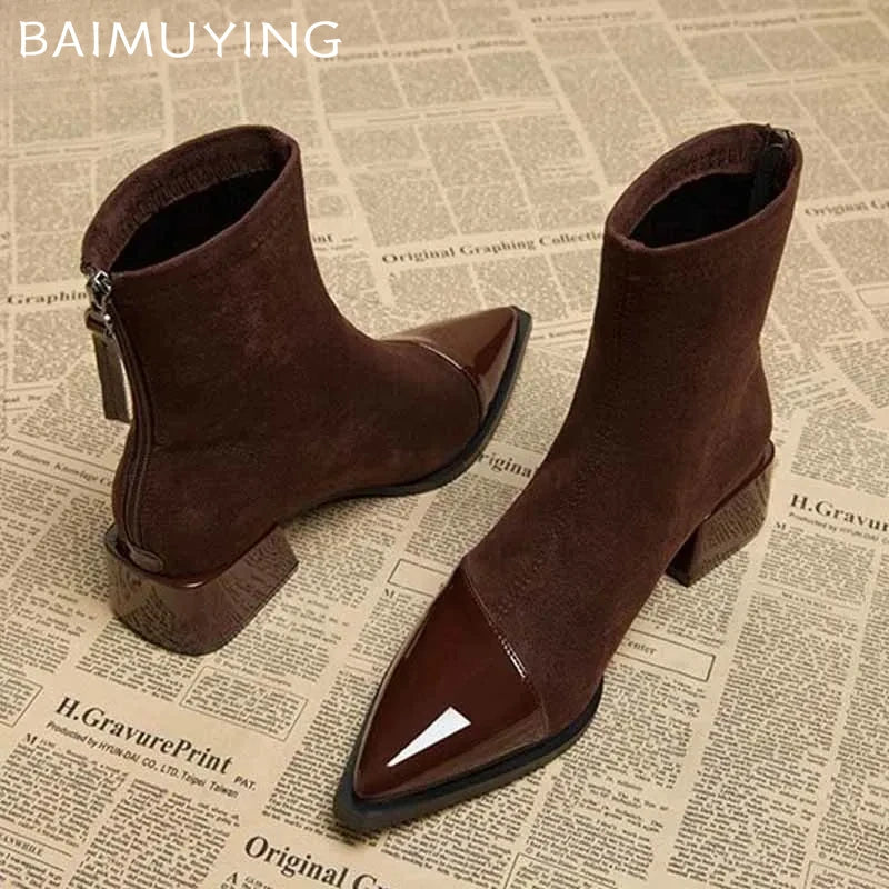 Ankle Boots Women Chunky Mid Heels Suede Shoes Woman Pointed Toe