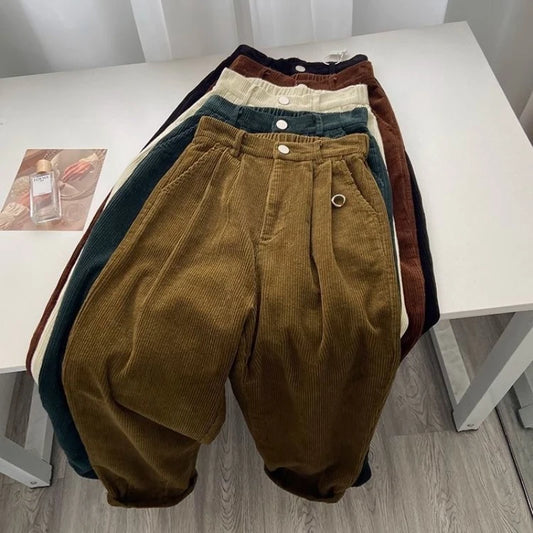 Winter Retro High Waist Corduroy Pants Women Causal Thick Warm Full