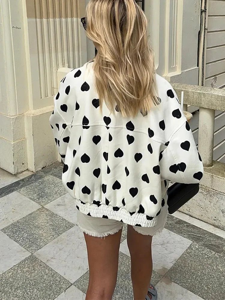 Women Elegant Black Polka Hearts Bomber Jacket Fashion Long Sleeve