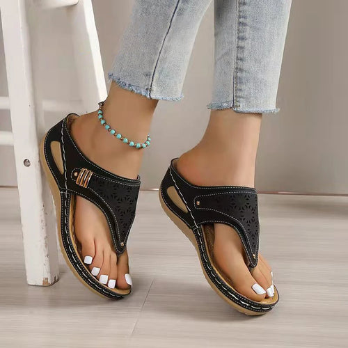 Clip Toe Wedge Heel Sandals for Women Summer Pu Leather Platform