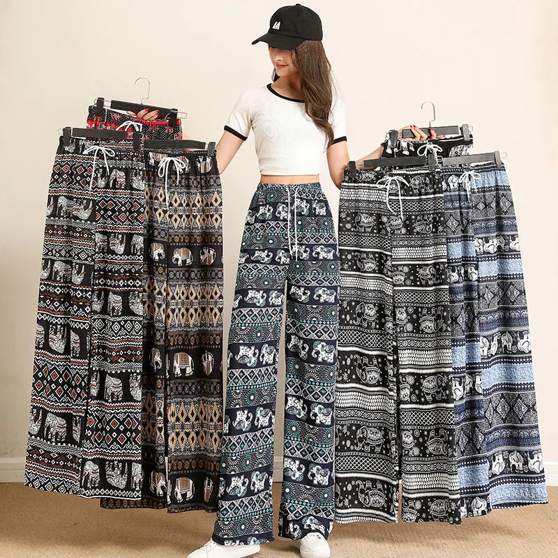 Women Wide Leg Pants High Waist Elephant Print Pant Summer Thin