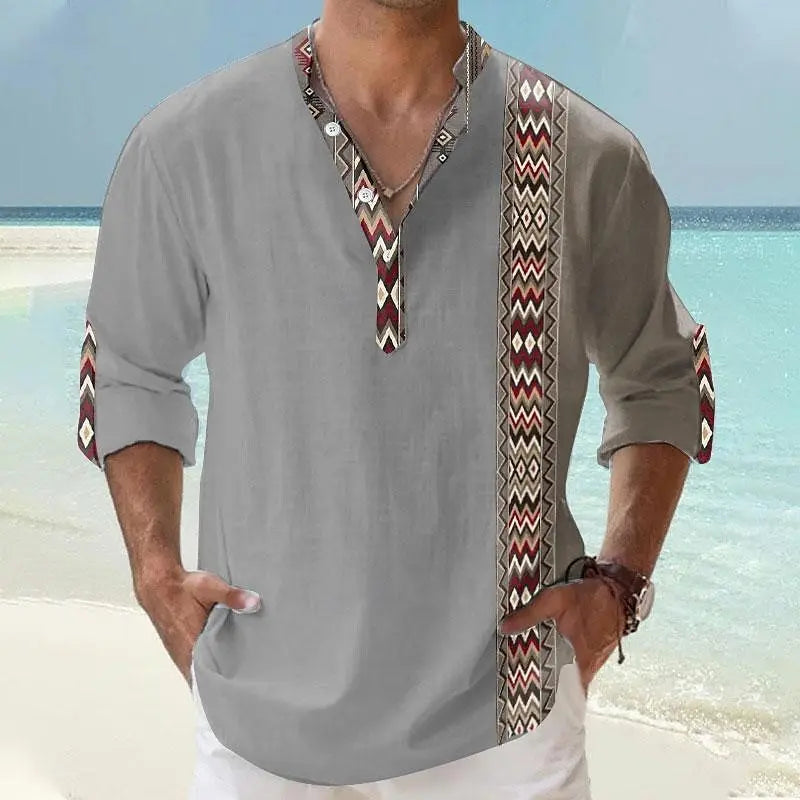 Autumn Henley Shirts Ethnic Style 3D Print Tops Blouse Men's Casual