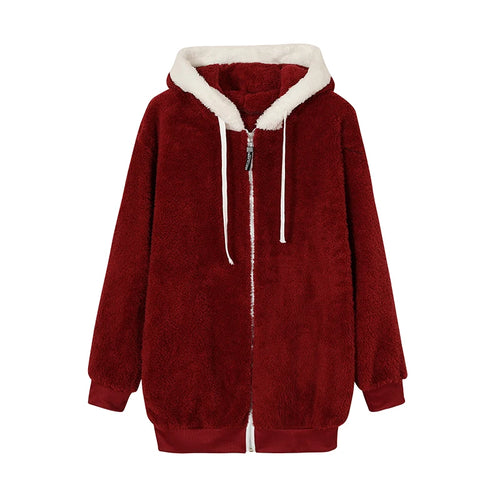 New Style Autumn And Winter Loose Plush Zipper Hooded Jacket Woman