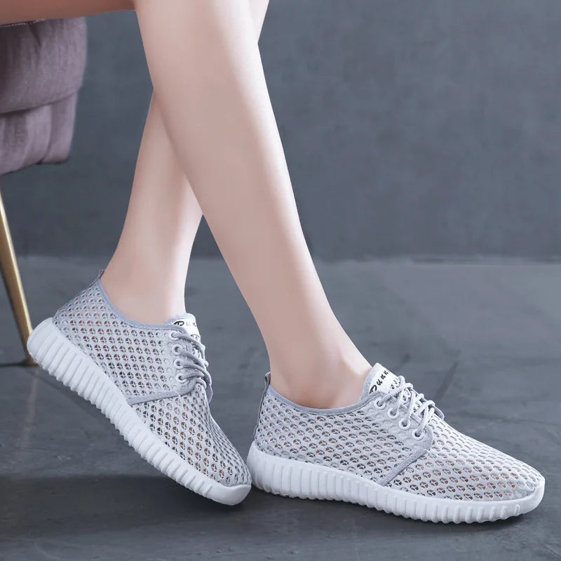 Womens Shoes Hollow Out Breathable Lace Up Flats Breathable Mesh