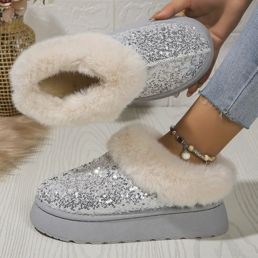 Ankle Snow Boots Women  New Fashion Shiny Fur Short Plush