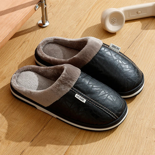 Men's slippers Winter Big Size Indoor Waterproof PU Leather Large