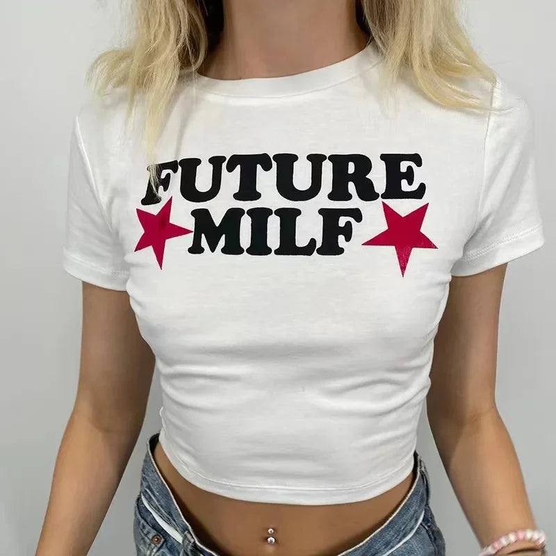 90s FUTURE MILF Stars Print T-shirts Fashion Casual O Neck Short