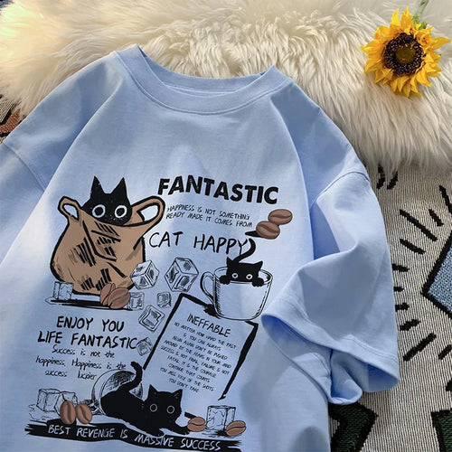 New Men Women T Shirt Pullover Oversize Korean version Cartoon Cat