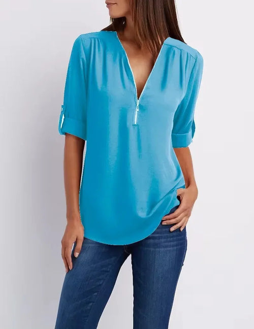 Hot Sale Women Cool Loose Shirt Deep V Neck Chiffon Fashion