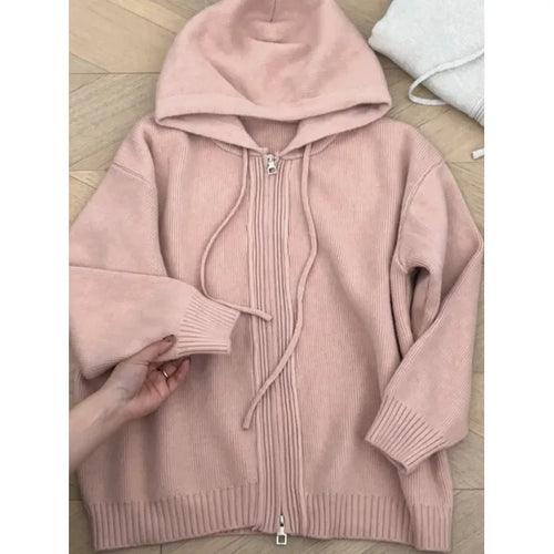 Gray Hooded Sweater Coat Women Spring Autumn Double Zipper Long Sleeve