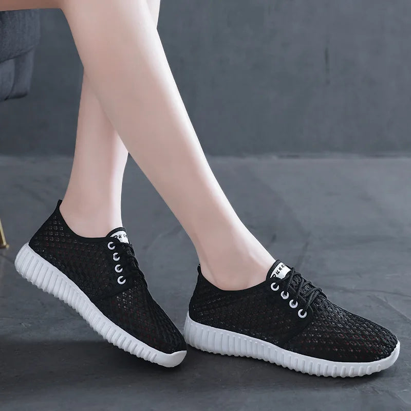 Womens Shoes Hollow Out Breathable Lace Up Flats Breathable Mesh