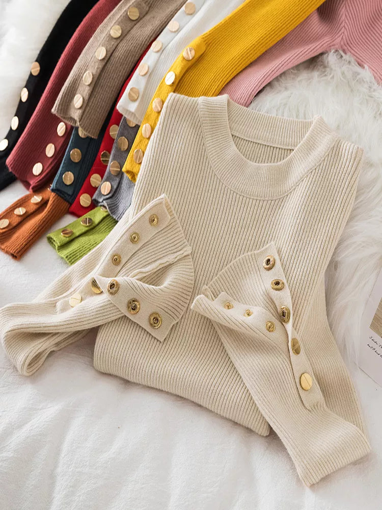 women thick sweater pullovers khaki casual autumn winter button