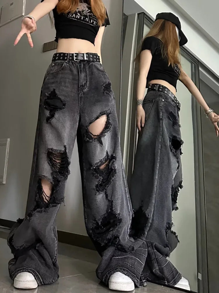 Niche Design Jeans, High Street Heavy Industry Wide Leg Pants,