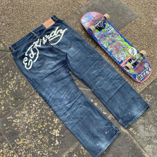 Printed street jeans men's Y2K hip-hop high-waisted straight retro