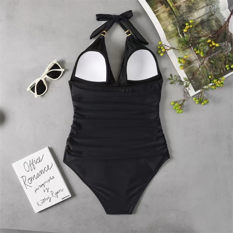 Sexy One Piece Tankini Plus Size Swimwear Women Black Halter Hot