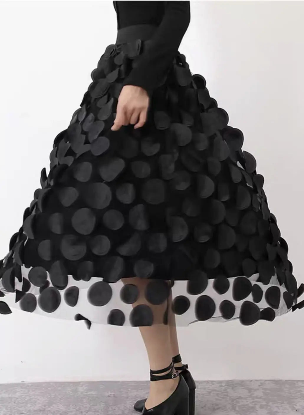 Women Polka Dot 3D Design Tulle Mesh Skirt Vintage Elastic Waist Long