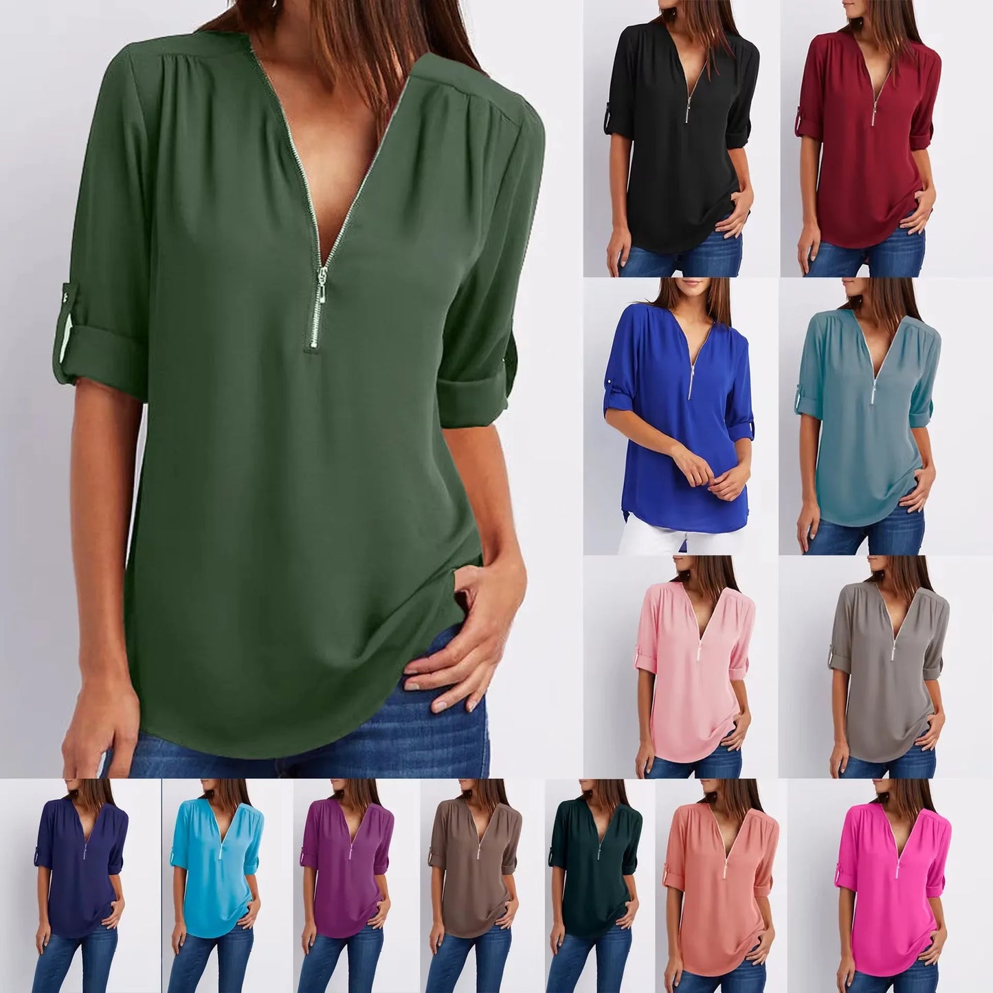 Hot Sale Women Cool Loose Shirt Deep V Neck Chiffon Fashion