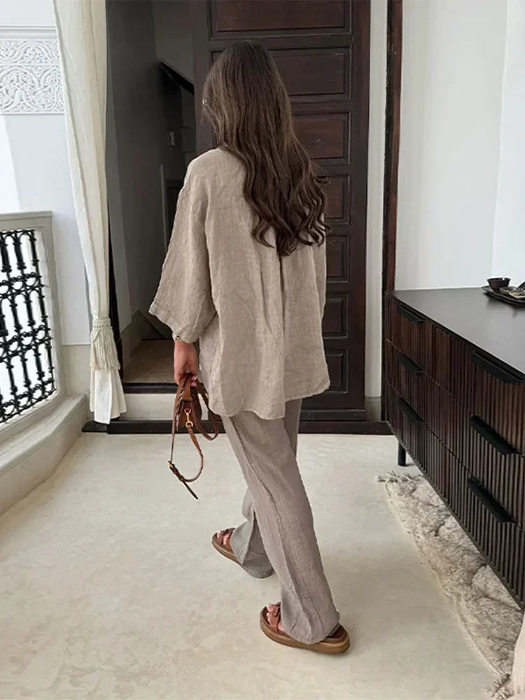 Causal Linen With Pocket Shirt Pants Suits Women Wide Leg Pants Long