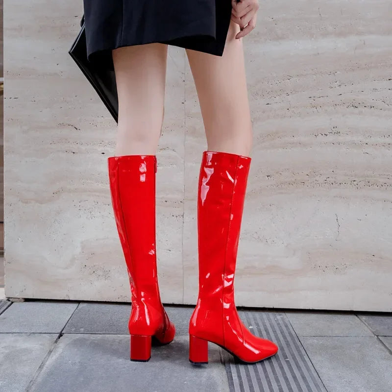 Autumn Winter Women‘s High Knee Boots Patent Leather Knee High Boots