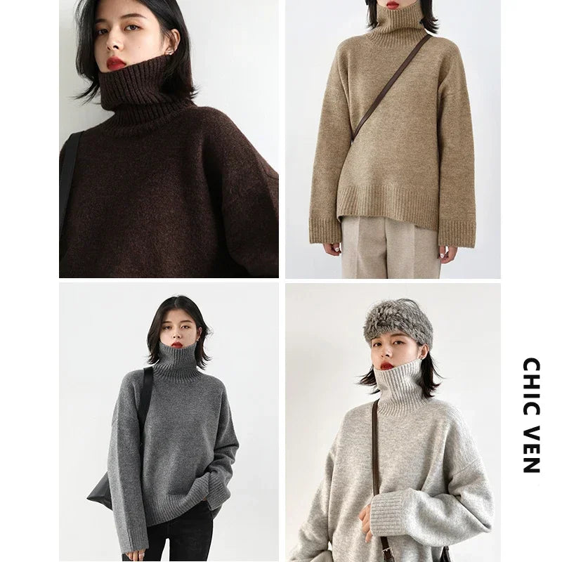 CHIC VEN Korean Women's Sweater Loose Turtleneck Sweaters Warm Solid