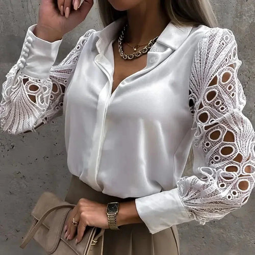 White Sexy Lace Hollow out Women Blouse Autumn Spring Black Top