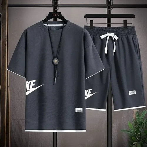 Summer Men's Waffle Sets Casual T-Shirt And Shorts Set Male Sports