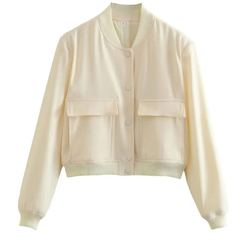 Woman Bomber Jacket Coat White Autumn Winter Button Baseball