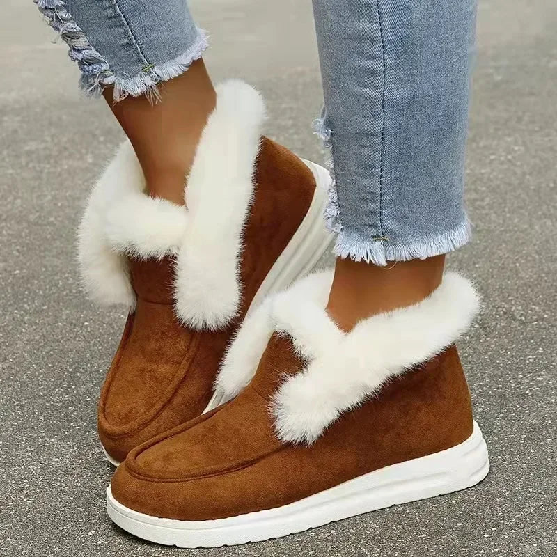 New Ladies Slip on Comfortable Ankle Boots Women Winter Warm Plush Fur