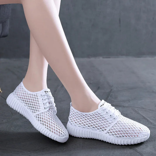 Womens Shoes Hollow Out Breathable Lace Up Flats Breathable Mesh