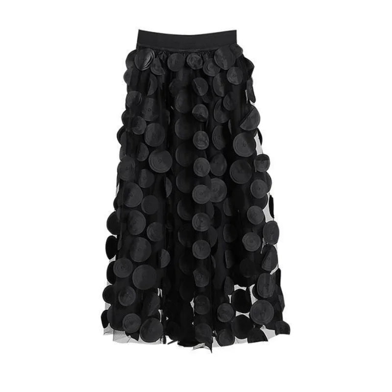 Women Polka Dot 3D Design Tulle Mesh Skirt Vintage Elastic Waist Long