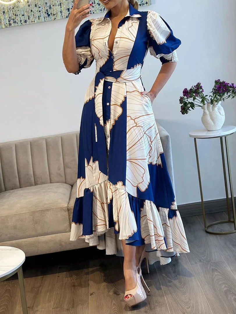 Women Floral Print Long Dress Summer Casual  Turn-down Collar Half