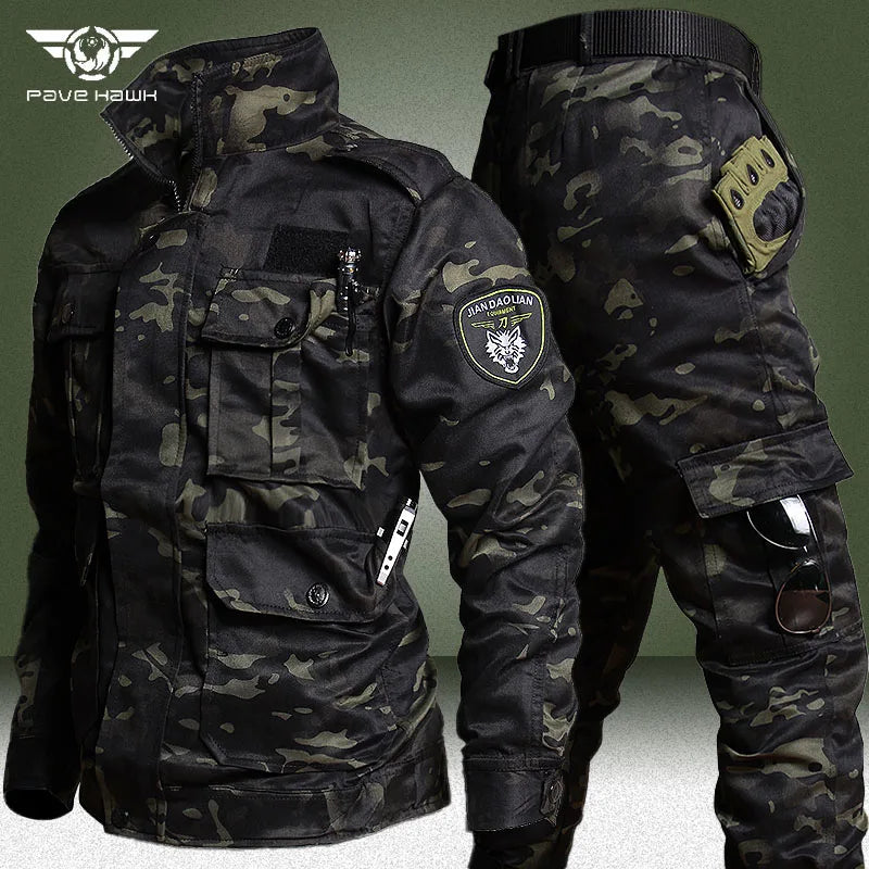 Military Wear-resistant Sets Men Camo Spring Autumn Multi-pocket Army