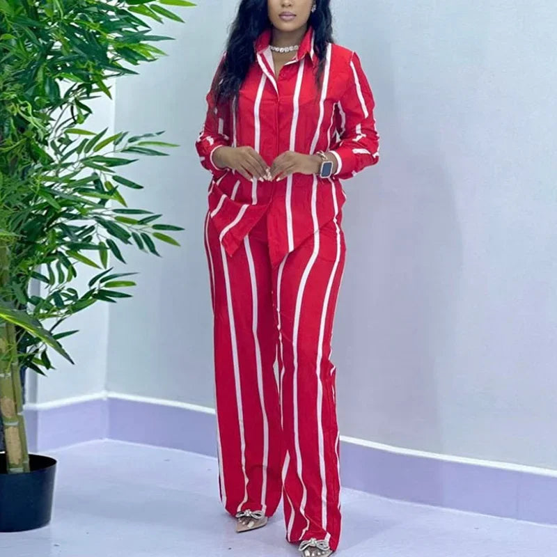 Casual Button Long Sleeved Shirt Wide Leg Pants Two Piece Set