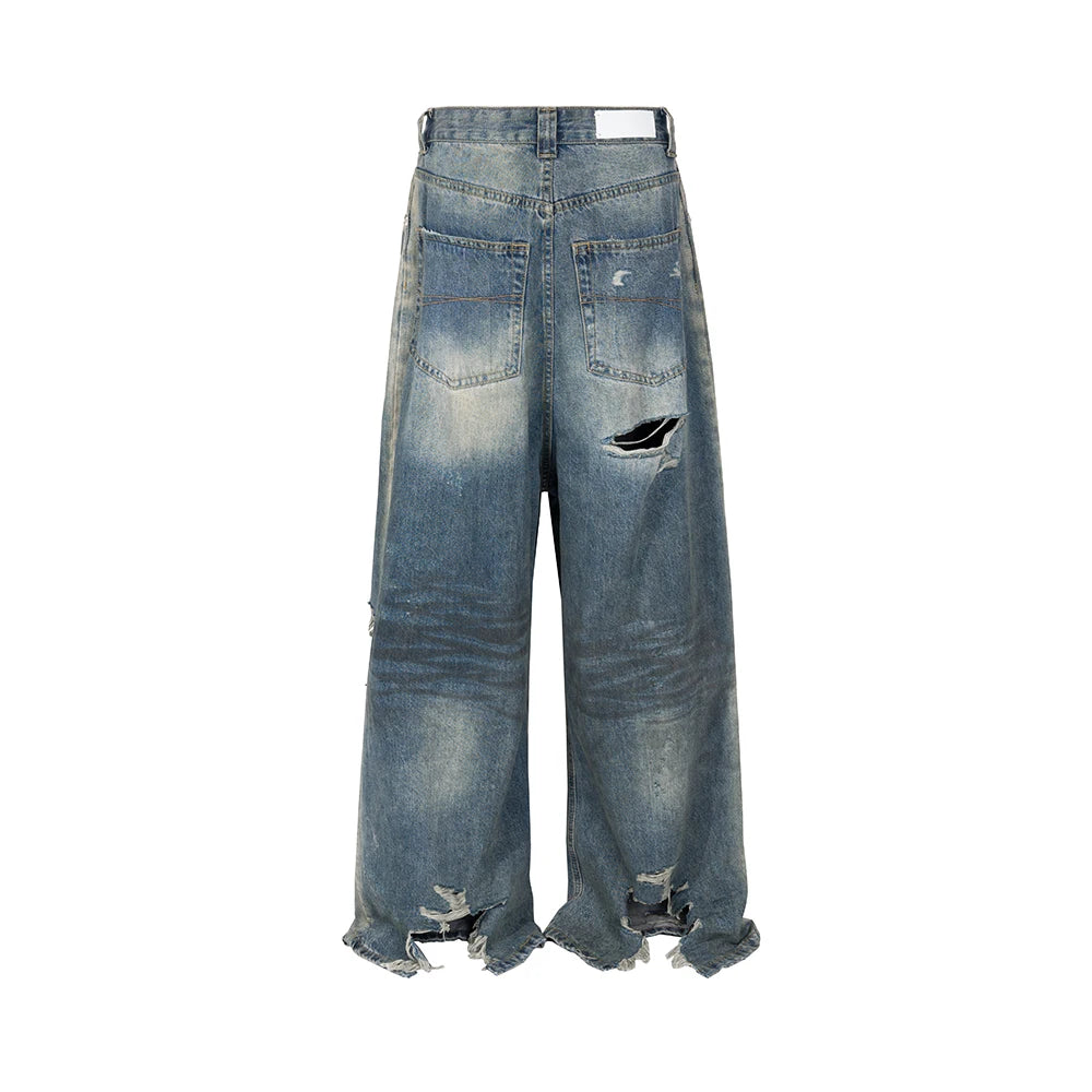 Frayed Damaged Hole Baggy Wide Leg Jeans for Men and Women Streetwear