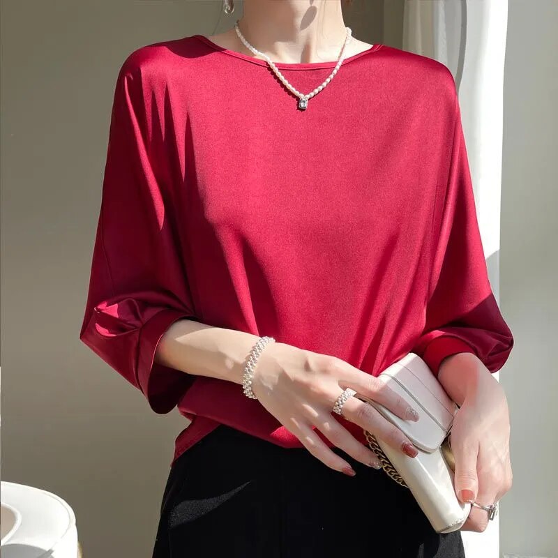 Satin Silk Half-Sleeve Tee Tops