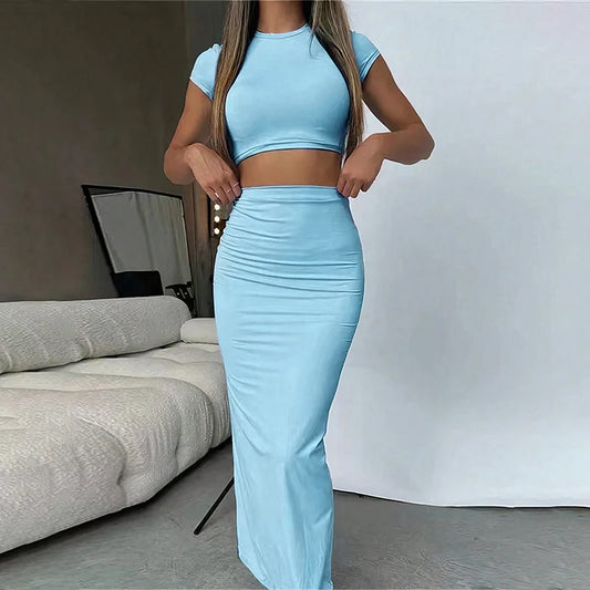 Sexy T-shirt Skirt Two Piece Set Women New Short Sleeve O-Neck Crop