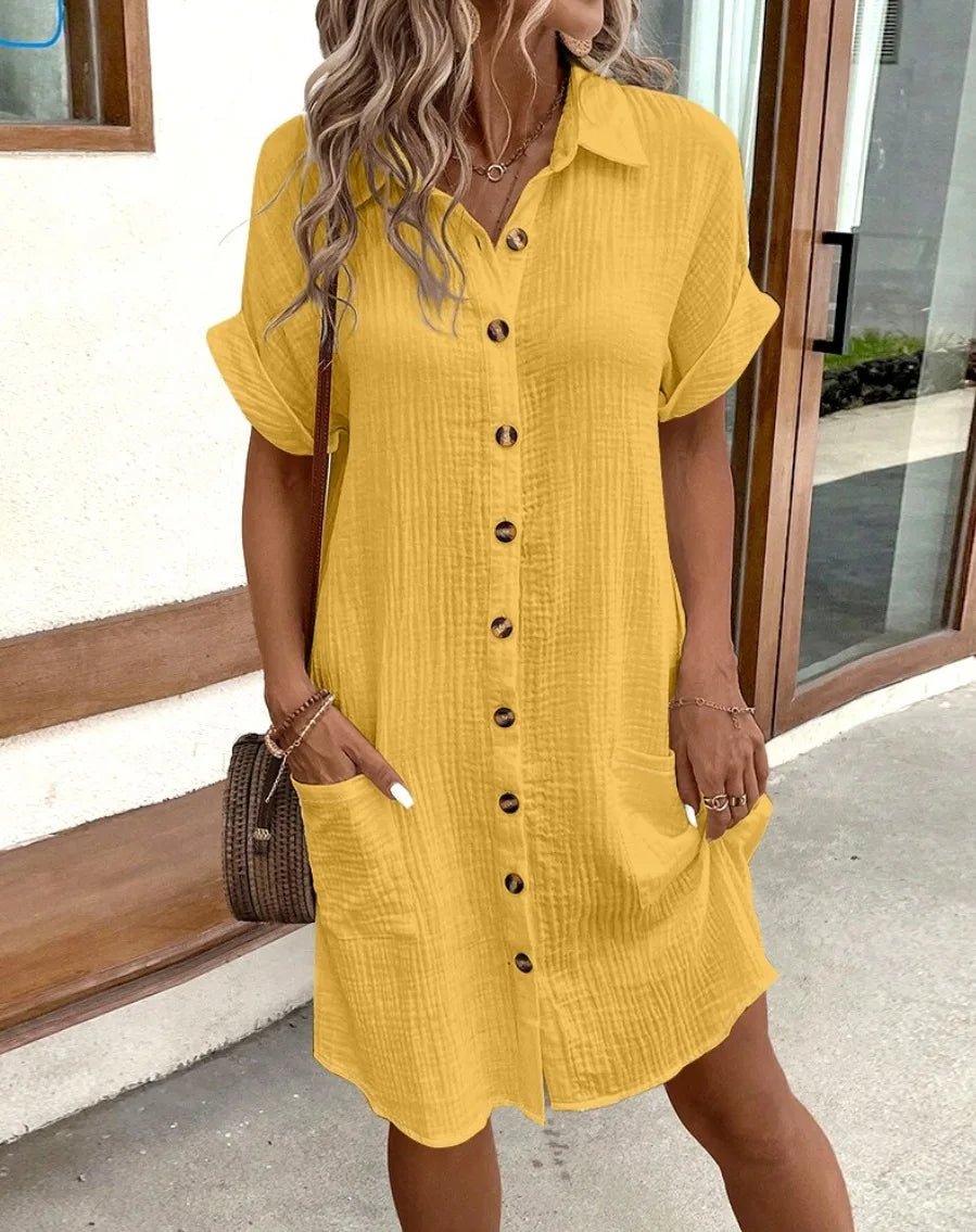 Women's Fashion Summer Minimalist V-neck Button Up Dress Woman Cotton