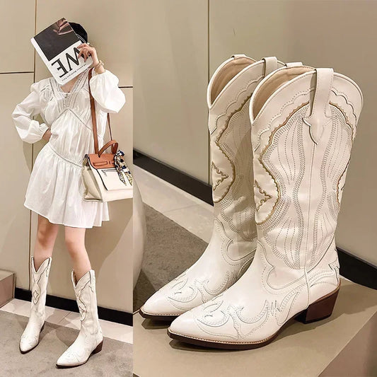 Women's Embroidered Western Mid Calf Boots Cowboy Square Heels Boots