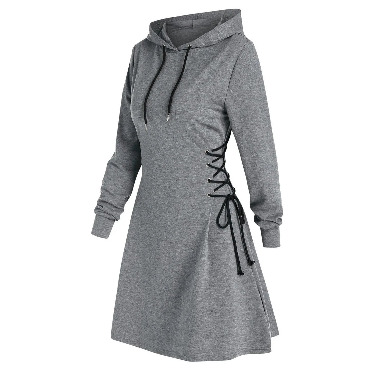 Women Tie Waist Mini Dress Hoodies V Neck Long Sleeves Slim Fit