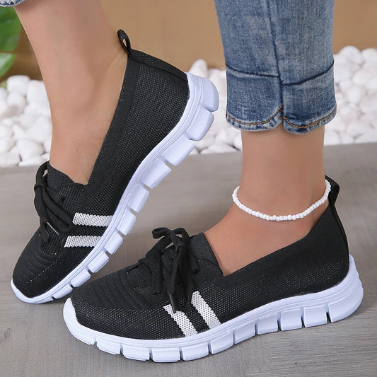 Breathable Knitted Striped Flats Shoes Women Casual Lace-Up Soft Sole