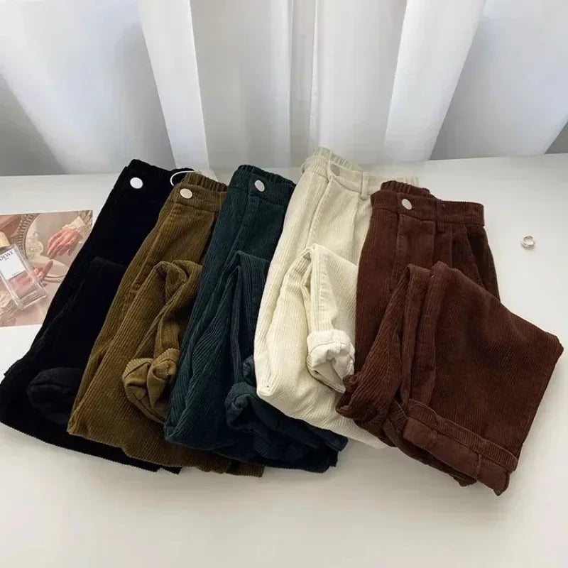 Winter Retro High Waist Corduroy Pants Women Causal Thick Warm Full