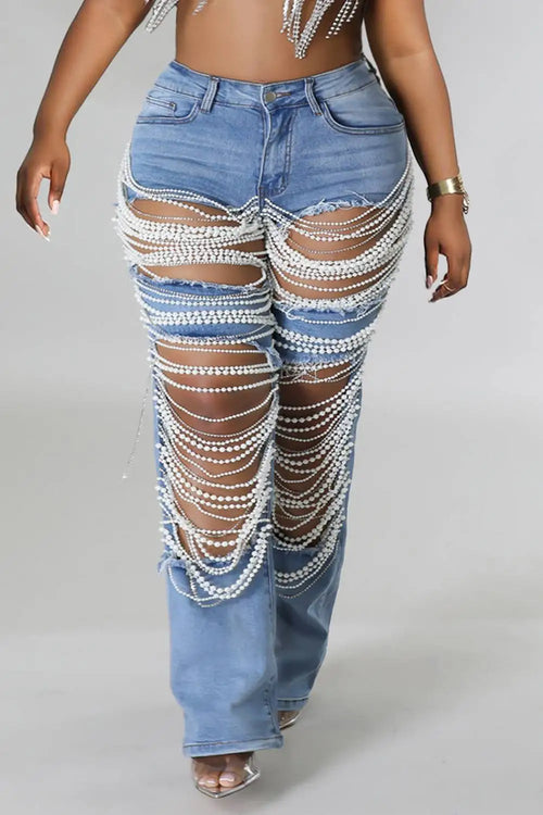 Plus Size Pearls Jeans Vintage Cutout